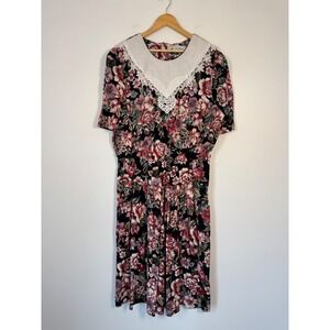 Cottagecore Lady Dorby Womens L Vintage Floral Midi Dress Black Pink Lace Collar